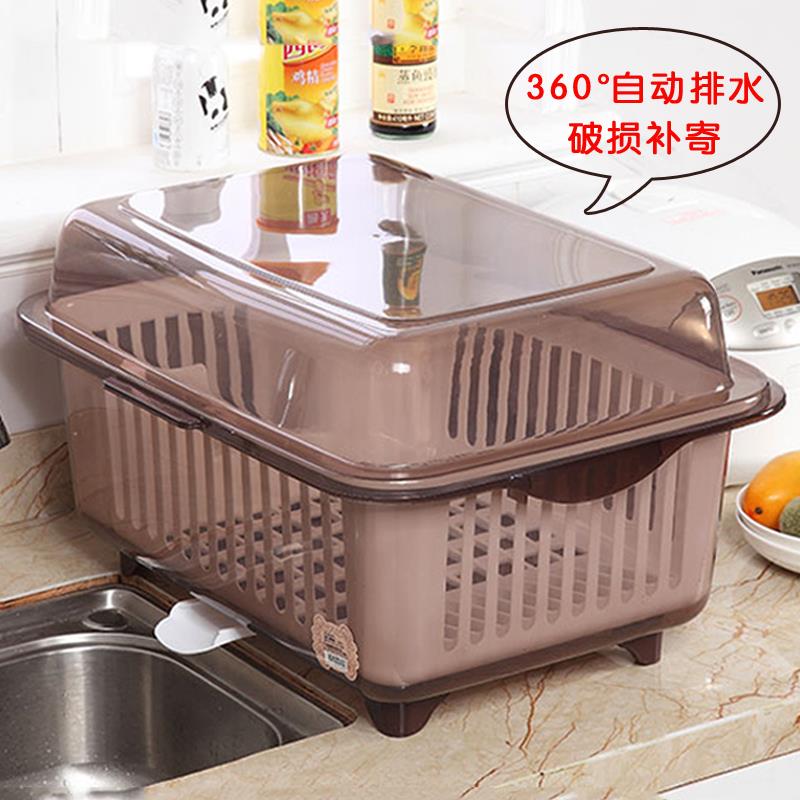 速发厨房装碗筷碗碟收纳盒带盖塑料沥水架特大号家用滤水碗篮置物