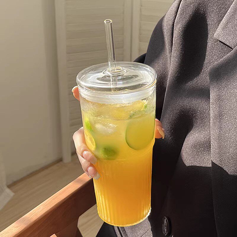 速发家杯大容量耐高温玻璃杯带盖子吸管水杯水茶咖啡杯高颜值喝奶