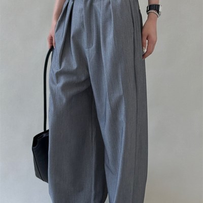 速发灰色季褶阔腿西裤夏压新韩版复古顺长垂感宽松滑裤