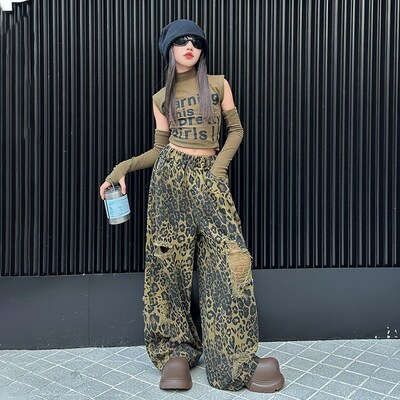 速发新款演服出装甜酷孩士版T恤豹纹工装裤少儿爵韩舞演出套装