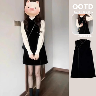 穿搭一整套黑色背带短裙 装 速发新中式 改良旗袍连衣子4202裙新款