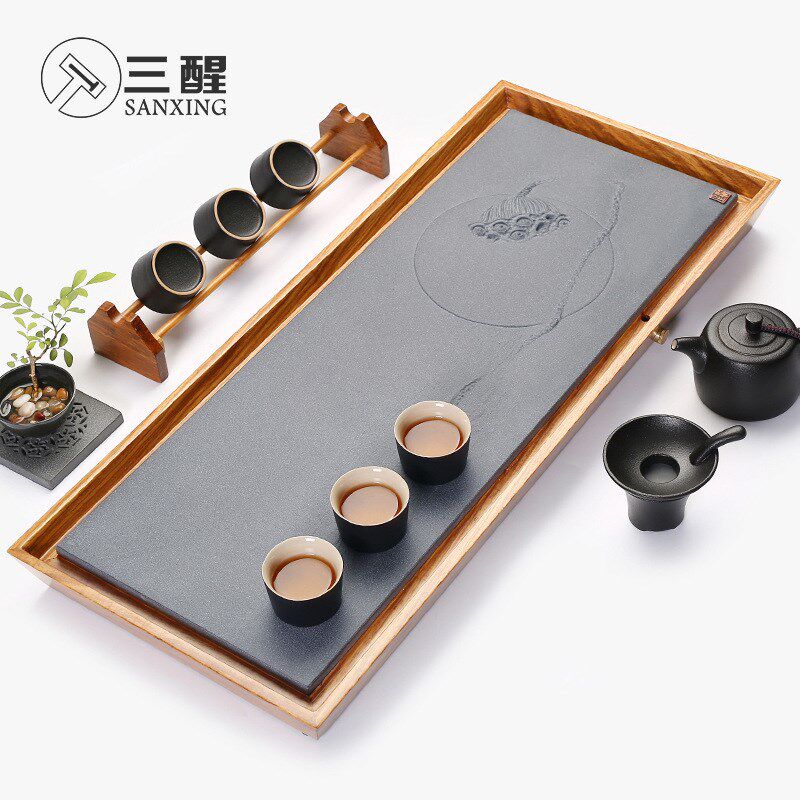 速发乌金石茶盘家用简约式水排茶石台实木结合排水两用客厅托盘套