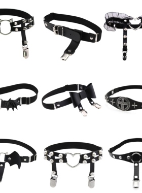 27Usr 黑色皮革腿环蝴蝶结爱心铆钉蕾丝腿链辣妹性感朋克女吊袜带