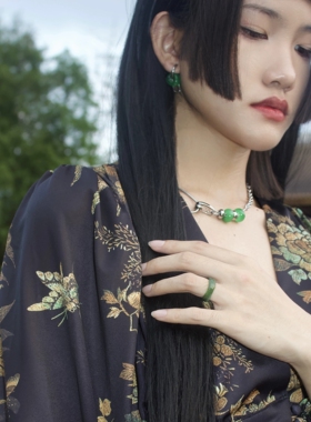 27Studio 新中式国风新锐小众男女绿色猫眼石可调节钛钢项链耳环