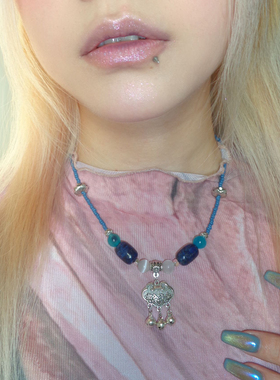 27Studio 蓝色串珠一步一响平安锁项链女新中式民族风设计锁骨链