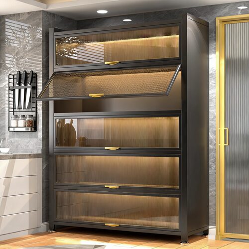 Kitchen floor standing storage rack with cabinet doors, mul