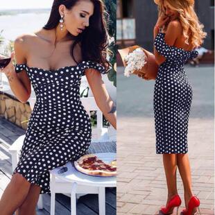 欧美时尚波点修身包臀抹胸连衣裙 sexy bodycon strapless dress