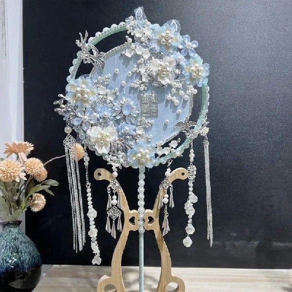 Antique Blue Wedding Bride Hand-held Fan, Finished Xiuhe