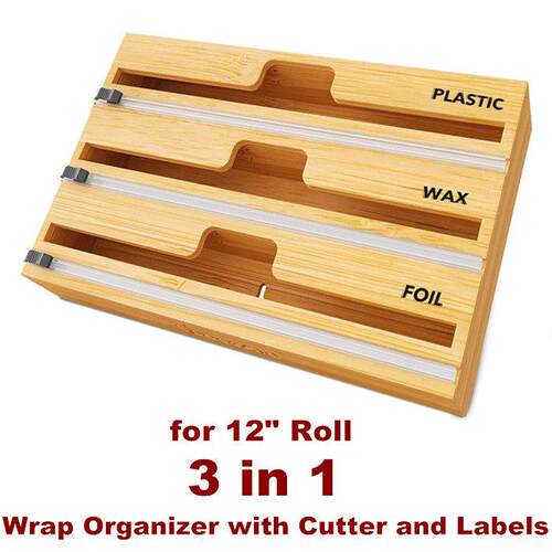 Wrap Organizer with Cutter Bamboo Dispenser Plastic Wrap