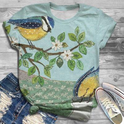 Summer hot item round neck printed short sleeved top loose f