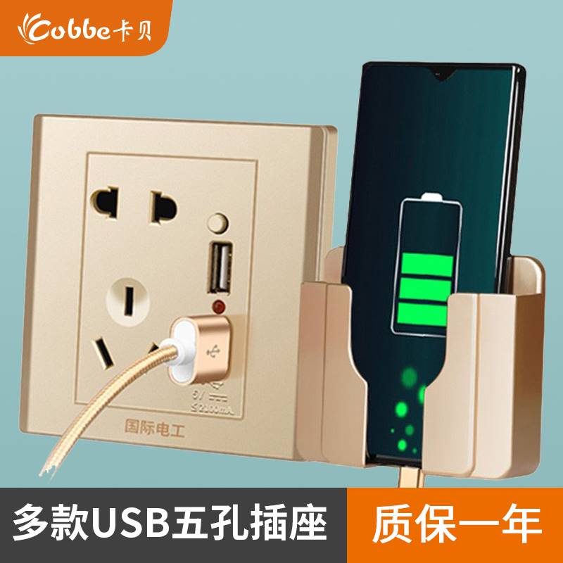 2只国际电工86型USB插座220伏带五孔面板多孔充电家用ubs暗装双up