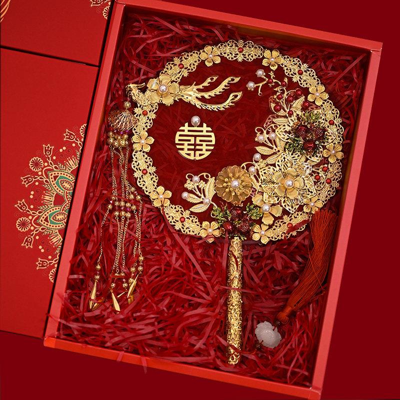 团扇新娘结婚成品秀禾团扇子手捧花中式婚礼出嫁喜扇高级高端红色