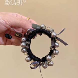 轻奢气质皮筋女扎马尾头花 高级感精致珍珠蝴蝶结发圈头绳2025新款