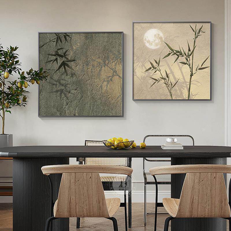 新中式饭厅装饰画简约竹子饭厅餐桌背景墙挂画正方形两联组合壁画