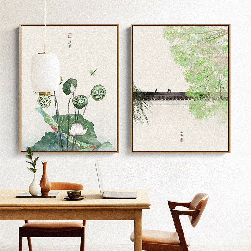 新中式竖版茶室装饰画二十四节气客厅书房背景墙壁画民宿三联挂画