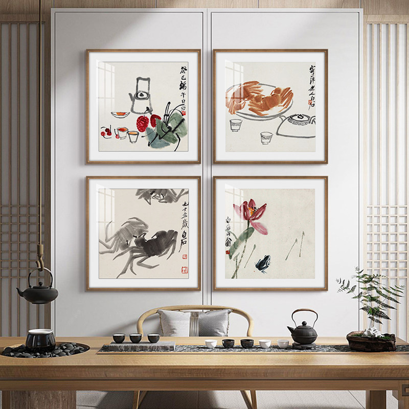 齐白石虾趣图挂画端午荷花茶室走廊客厅装饰画中式国画螃蟹图壁画