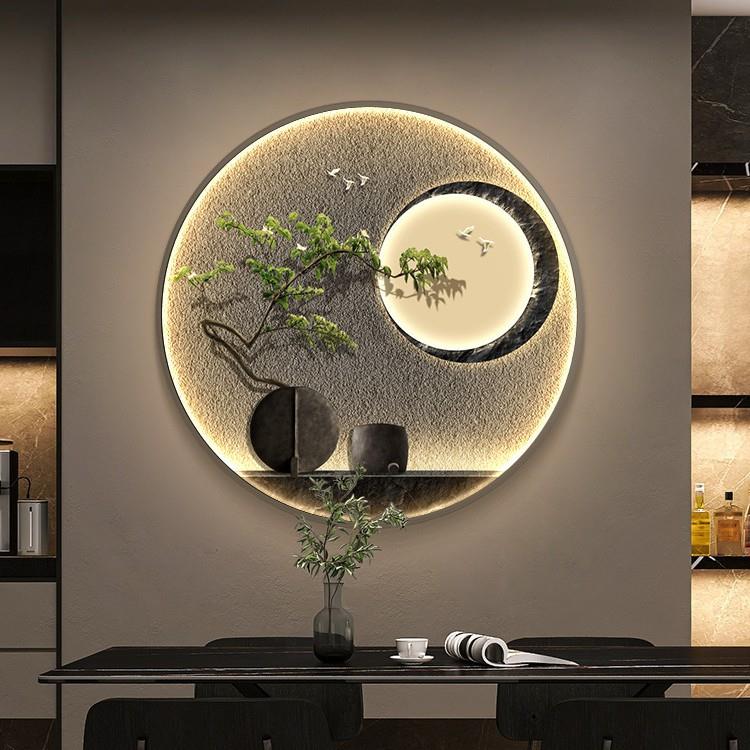 日式高级感入户玄关挂画圆形发光画客厅茶室壁画侘寂风餐厅装饰画图片