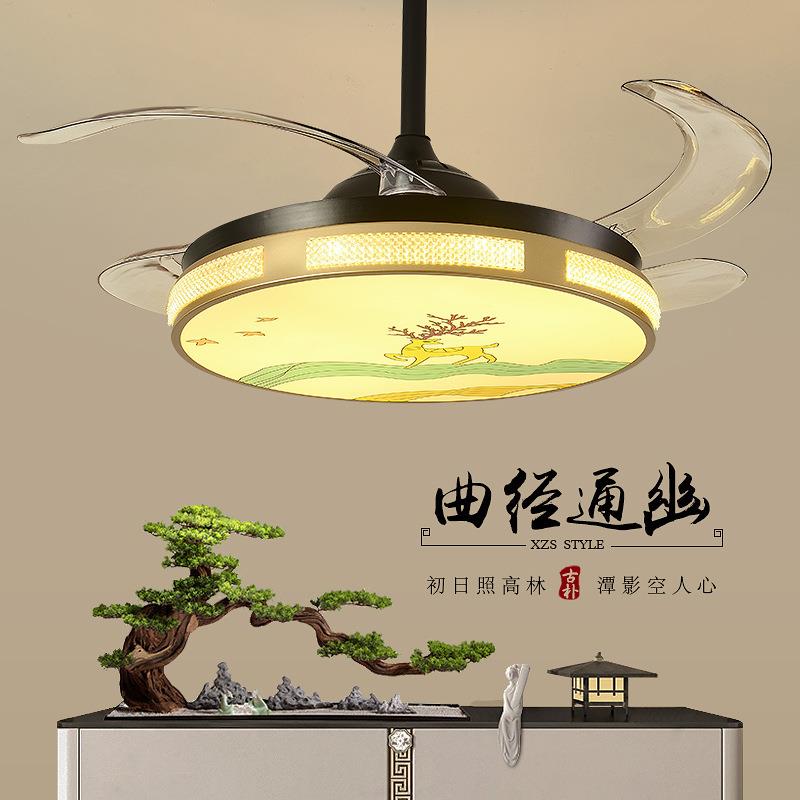 新中式隐形吊扇灯现代简约客厅风扇灯餐厅卧室静音一体电风扇灯具