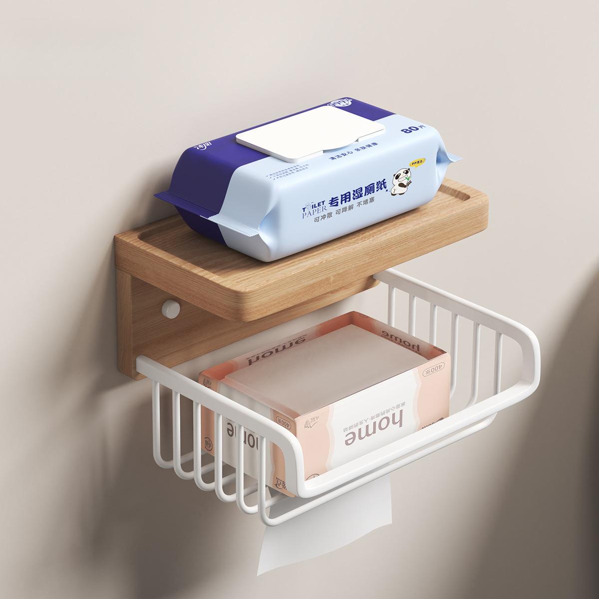 实木厕所纸巾架免打孔卫生间多功能卷纸抽纸收纳架原木纸篓抽纸盒