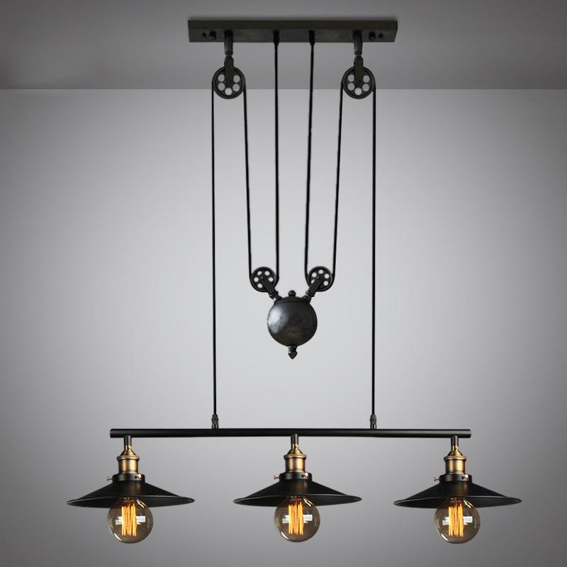 美式工业风loft铁艺三头餐厅复古台球室酒吧台餐桌滑轮升降吊灯