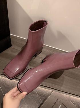 温柔紫色方头粗跟后拉链短靴女春秋单靴2024年新款显瘦高跟时装靴
