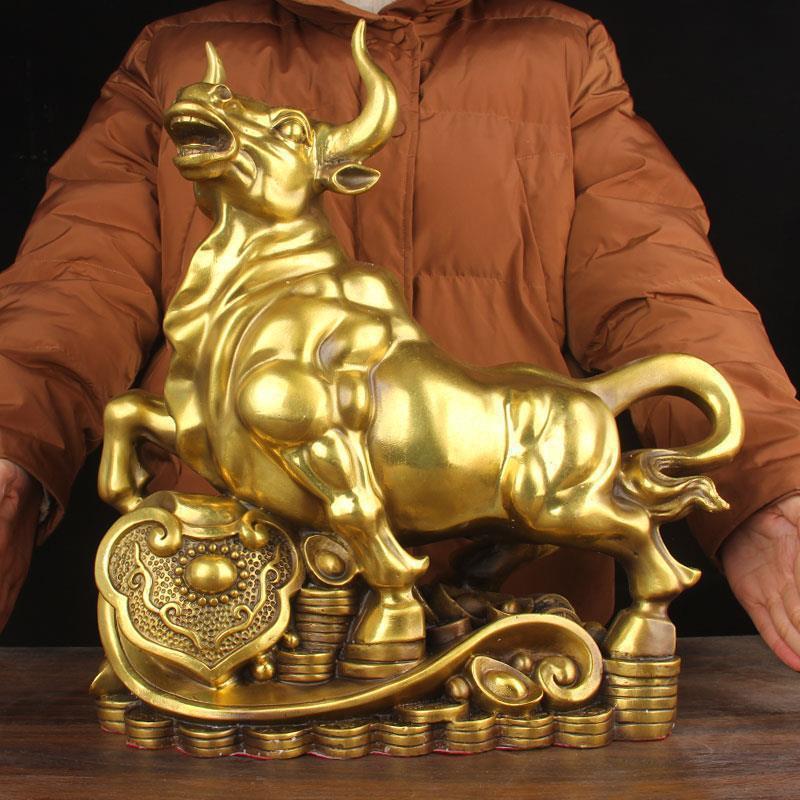 铜如意元宝牛摆件配底座+铜钱 铜牛摆件 华尔街铜牛