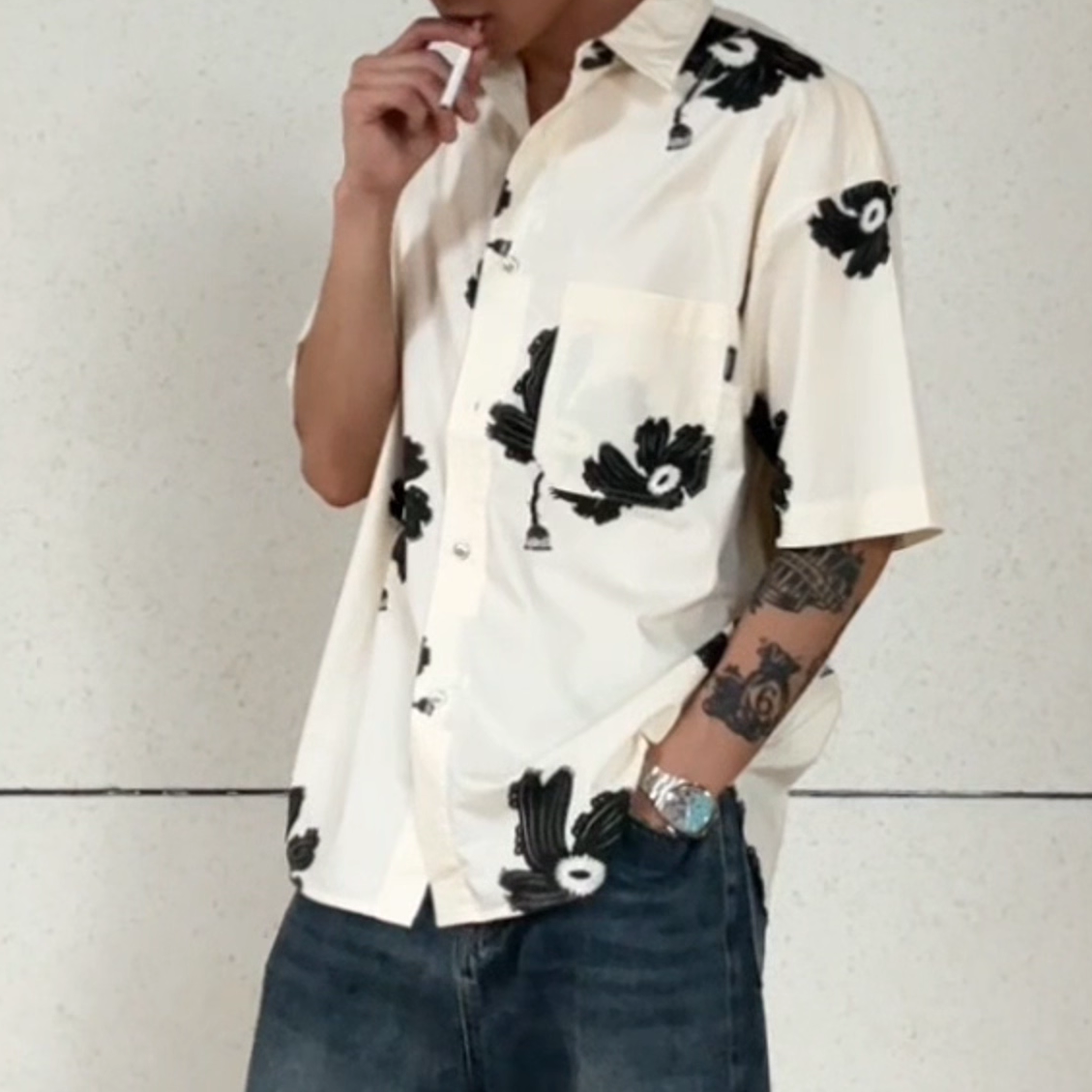 夏季复古印花牵牛花短袖衬衫