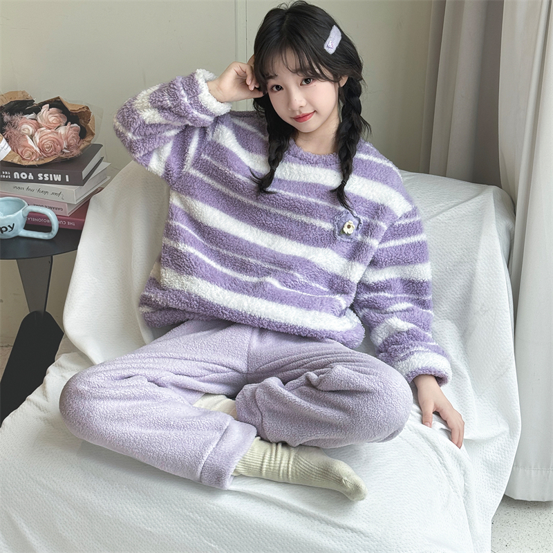 女童冬季加绒加厚睡衣套装家居服