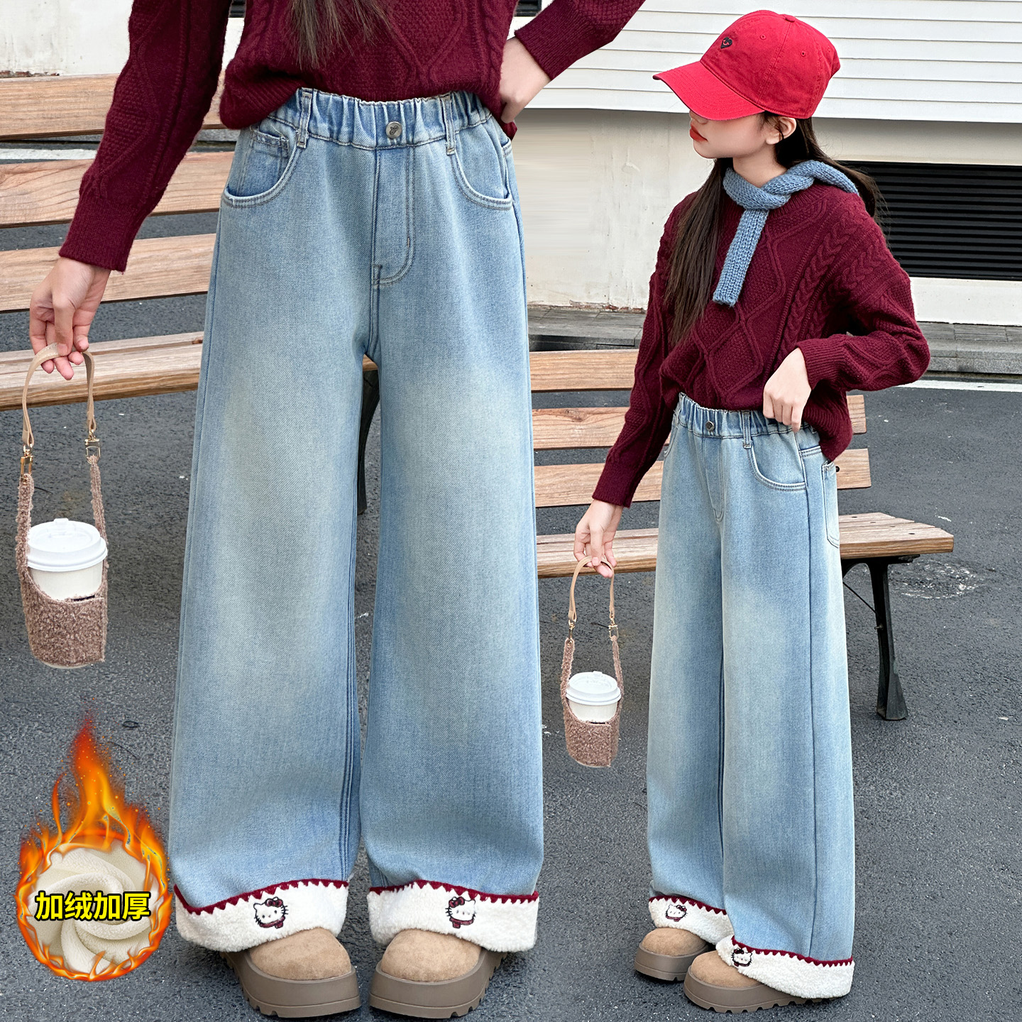 女童冬季加绒裤子加厚牛仔裤时髦