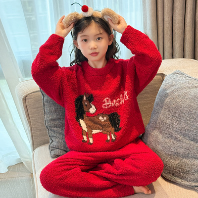 女童冬款加厚家居服套装红色睡衣
