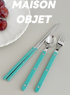 【韩国原单】韩式Cher茶勺叉筷食品级304不锈钢PC手柄3件套组餐具