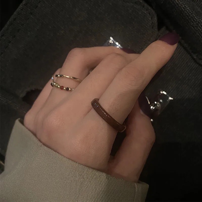 【一套四只】百搭简约宽版复古咖色高级感戒指多圈口指环女士扳指