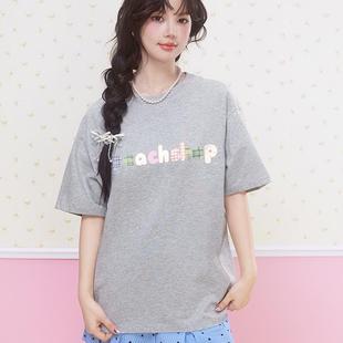 休闲女夏季 桃气商店 时尚 2025新款 体恤 原创彩色字母正肩圆领短袖