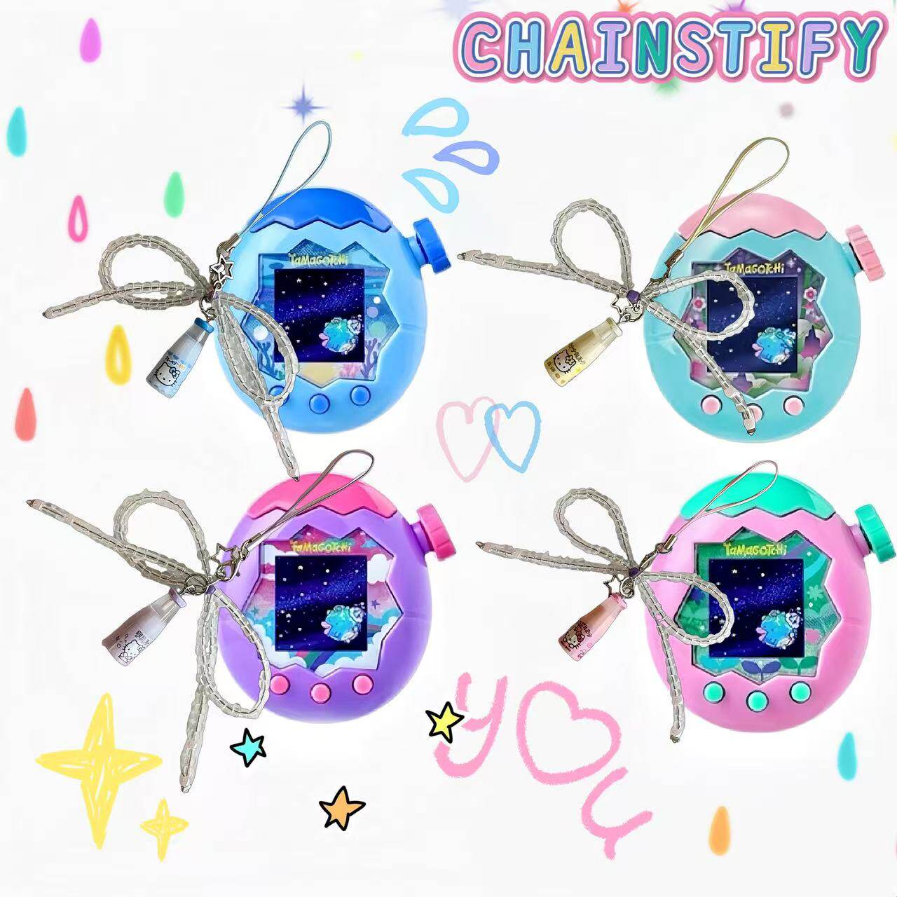 拓麻挂件可爱卡通KT猫饮料瓶吊坠串珠蝴蝶结手机挂件钥匙扣包挂饰