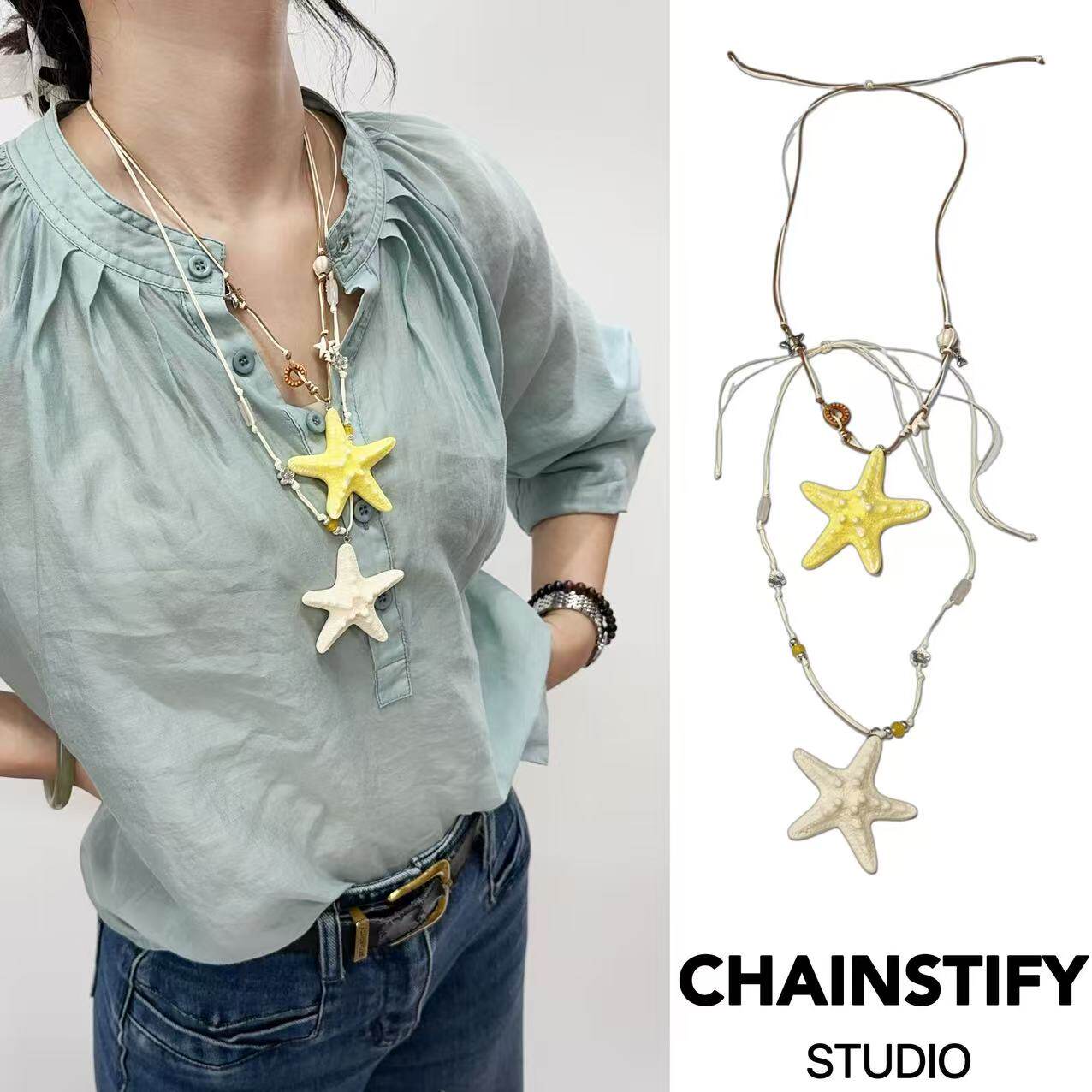 多巴胺长款串珠海星手工编织项链女海边海岛度假风百搭锁骨链配饰