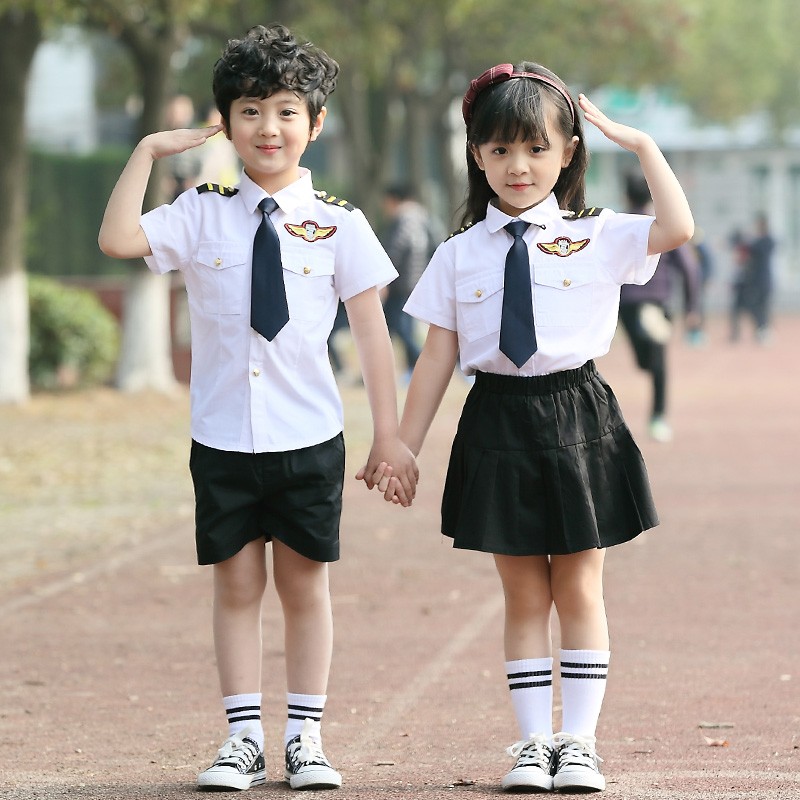 儿童空姐空少机长制服飞机师男女童航空服装飞行员表演服夏季套装