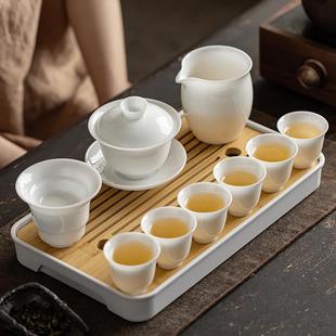 家用陶瓷盖碗茶杯整套便携式 冰种旅行功夫茶具套装 收纳简约白瓷
