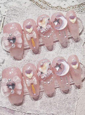 纯手工儿童穿戴甲女童美甲成人通用纯手工星月猫眼闪钻仙气花朵美