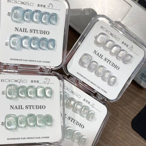 纯手工儿童穿戴甲女童美甲小众短甲圆形显白猫眼穿戴甲纯手工新款