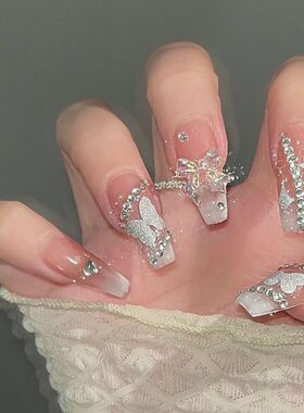 纯手工儿童穿戴甲女童美甲甜酷辣妹乳白渐变蝴蝶美甲贴片假指甲贴