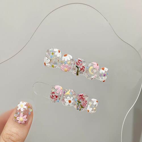 【春日花花】春夏新品纯手工穿戴甲气质短款in风手绘油画花朵美甲