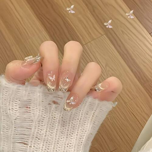 纯手工儿童穿戴甲女童美甲新款猫眼魔镜蝴蝶显白氛围法式纯手工爆