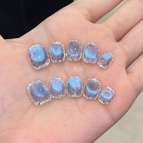 纯手工儿童穿戴甲女童美甲蓝色猫眼穿戴甲短款春夏高级感轻奢穿戴