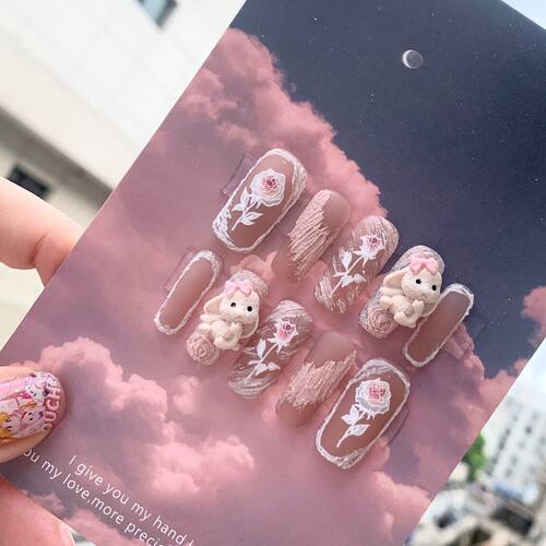 纯手工儿童穿戴甲女童美甲可爱兔饰品浮雕玫瑰石膏胶甲片穿戴甲