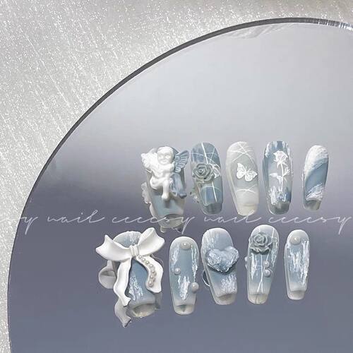 纯手工儿童穿戴甲女童纯蓝鸳鸯手绘美甲穿戴美甲美甲成品假指甲