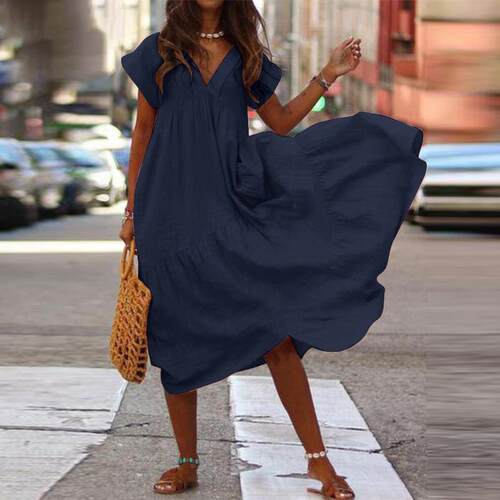 Casual Boho Loose Women Dress Bohemian Summer V Neck Short S