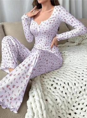 Women Floral Print Two Piece Sets休闲 时尚长袖长裤两件式套装