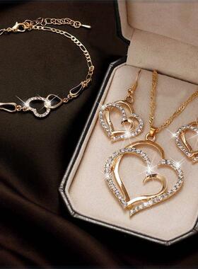 Exquisite Double Heart Necklace Earrings Bracelet Jewelry