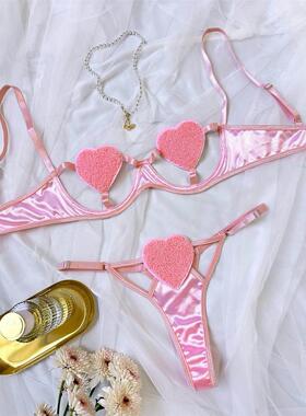 Sexy three-point lingerie镂空爱心三点式内衣套装