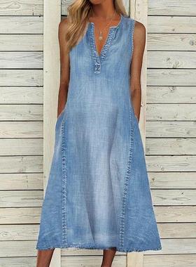 Summer Sleeveless A-line Dress Women Sexy V-neck Blue Denim